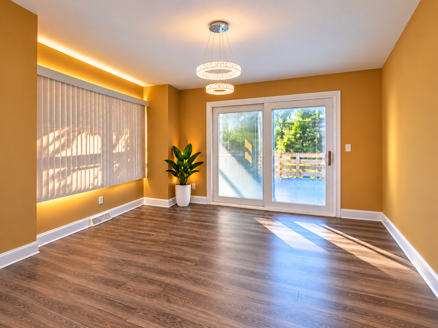 Updated sunroom with white window frames and wood-look flooring